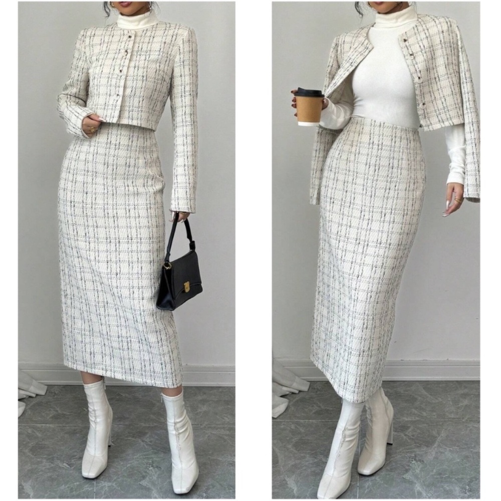 Classic Plaid Print Tweed Button Jacket Skirt Set XS S M L